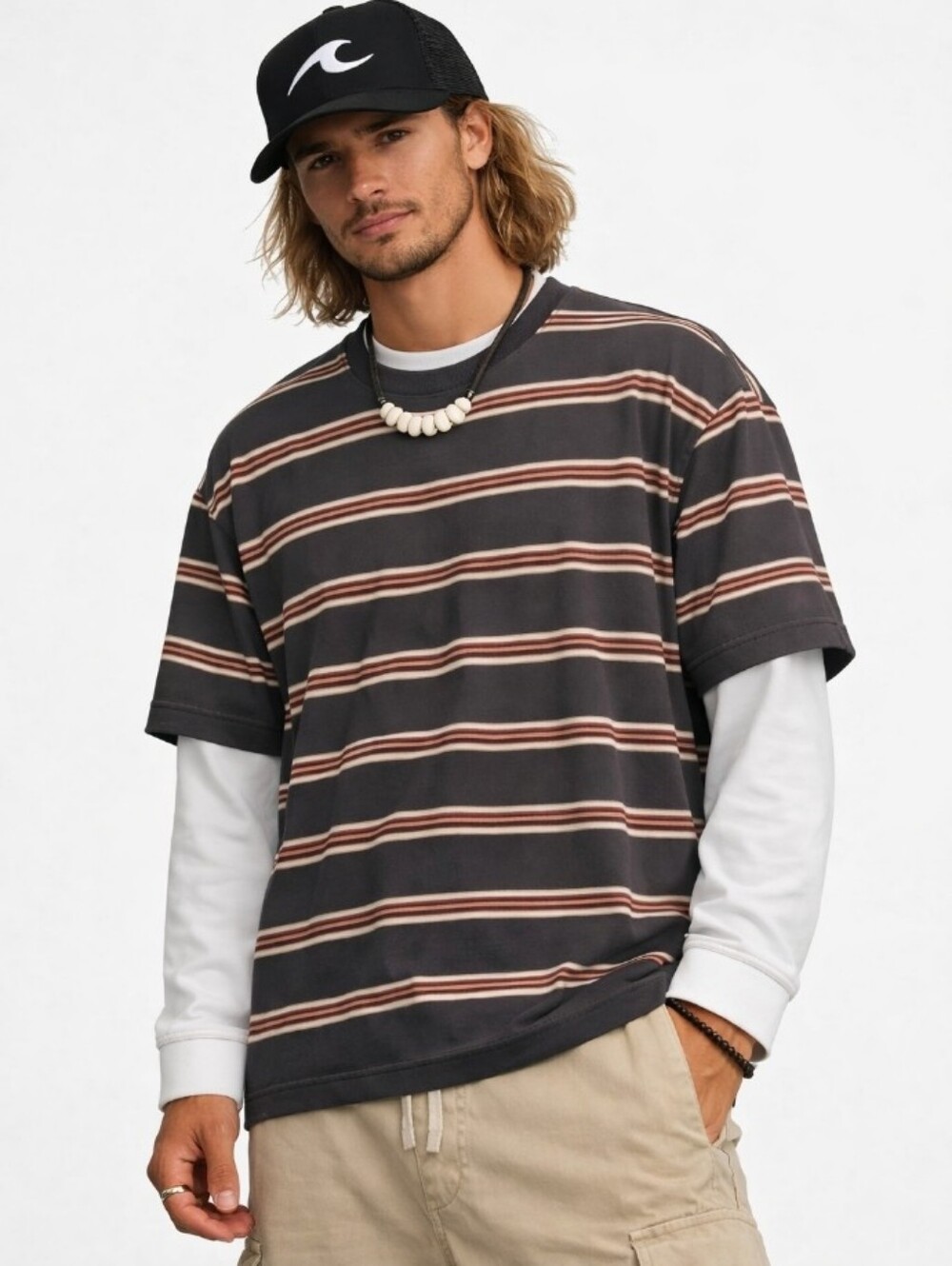 SHEIN Charcoal Striped Oversized Layered Tee with Rust & White Stripes